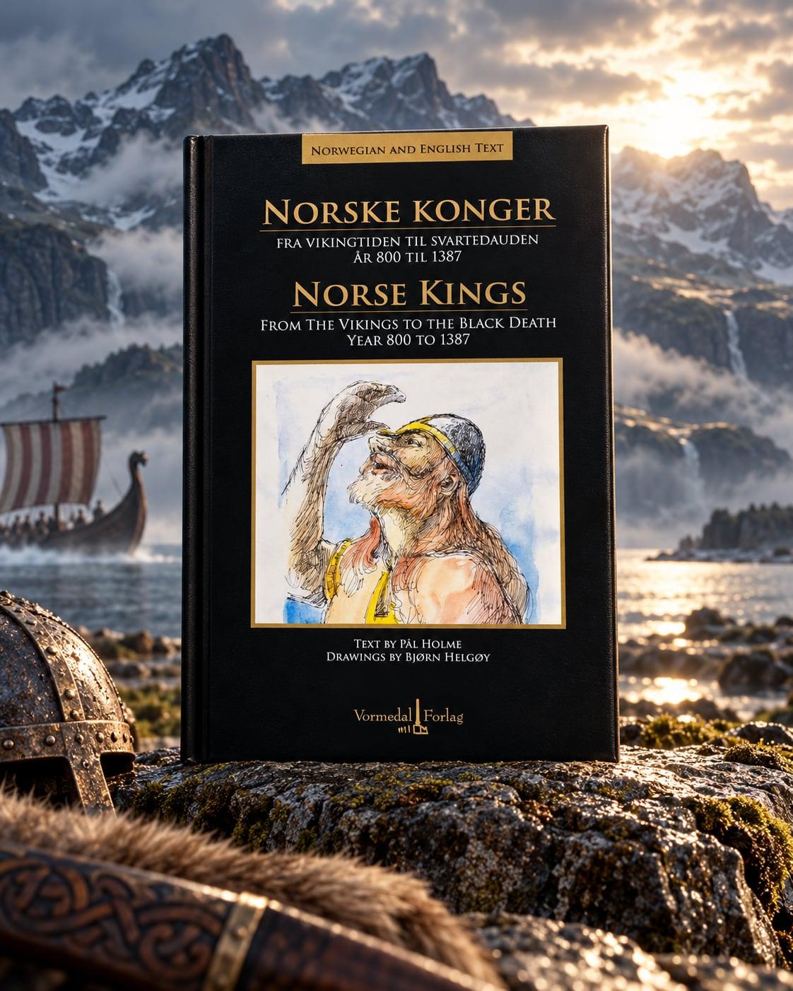 Norske Konger stående på en mosegrodd stein foran fjell og et langskip i solnedgang